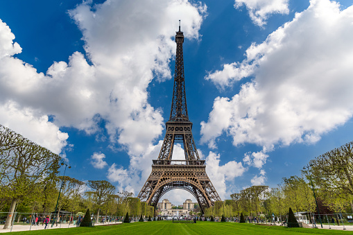 The Eiffel Tower, Paris, France. A black and white picture.