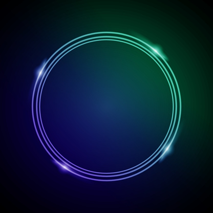 Neon Frame with Glow, and Sparkles. Electronic Luminous Circles Frame in Blue and Green Colors, for Entertainment Message or Promotion Theme on Dark Background