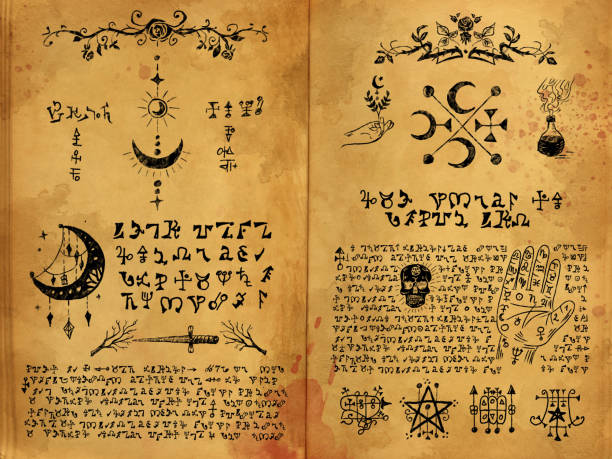 Digital Illustration hand drawn. Witchcraft old book with magic spell, wicca and mystic symbols. Digital Illustration hand drawn. Witchcraft old book with magic spell, wicca and mystic symbols. Vintage Gothic, esoteric and occult old two pages, with fantasy letters. Ritual magic Pentagram sigil. voodoo rose stock illustrations