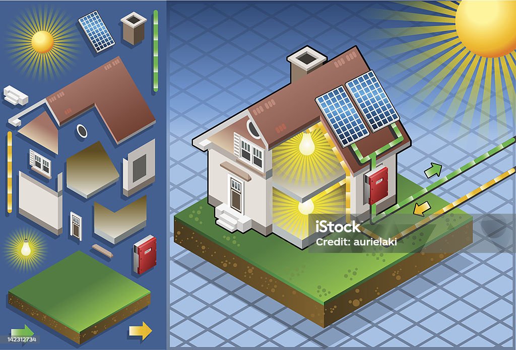 Isometric casa com painel solar - Vetor de Diagrama royalty-free