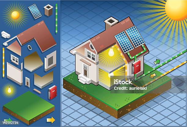 Vetores de Isometric Casa Com Painel Solar e mais imagens de Diagrama - Diagrama, Energia solar, Edifício residencial
