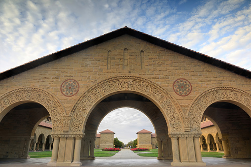 Palo Alto, CA - September 11, 2022:  Entrance of the Memorial Court in Main Quad of Stanford University in Cirrocumulus Clouds