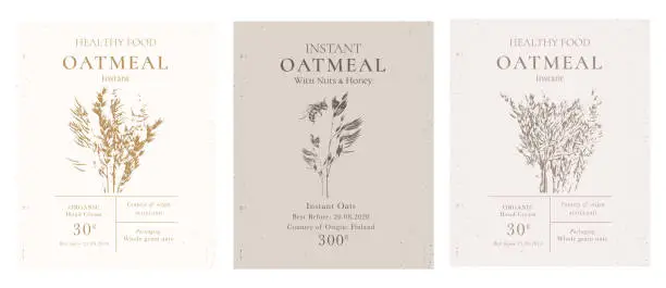 Vector illustration of Set of customizable oatmeal labels of Natural healthy food. Cereal oat products packaging templates. Contemporary design for Cosmetics, Pharmacy, bakery