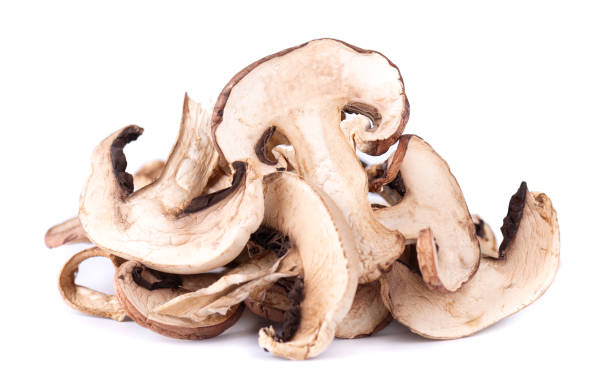 setas cortadas en rodajas aisladas sobre fondo blanco. campeones secos. - shiitake mushroom mushroom dried food dried plant fotografías e imágenes de stock