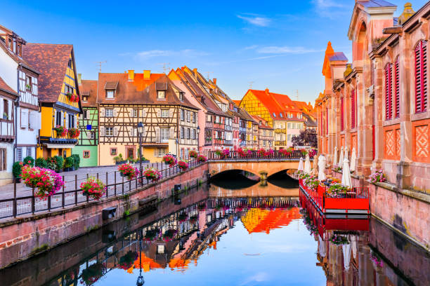 Colmar, Alsace, France. Colmar, Alsace, France. Petite Venice, water canal and traditional half timbered houses. colmar stock pictures, royalty-free photos & images