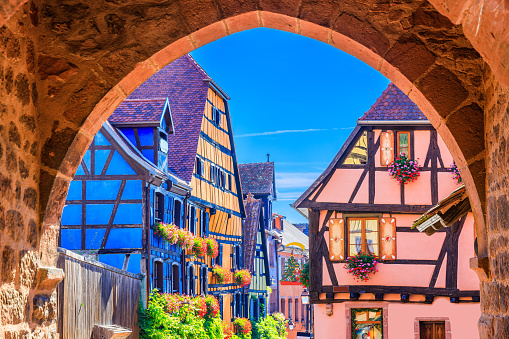 Riquewihr, France. Detail of the traditional half timbered houses on the Alsace Wine Route.