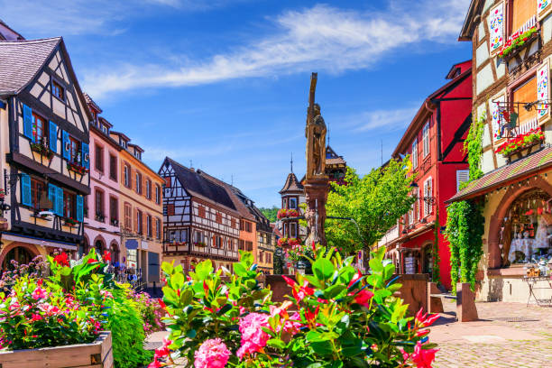 Kaysersberg Vineyard, France. Kaysersberg Vignoble, France. Picturesque street with traditional half timbered houses on the Alsace Wine Route. alsace stock pictures, royalty-free photos & images