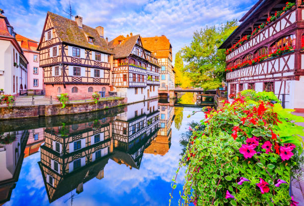 Strasbourg, France. Strasbourg, Alsace, France. Traditional half timbered houses of Petite France. alsace stock pictures, royalty-free photos & images