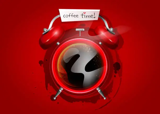 Vector illustration of Concept of work break, business pause, coffee break in cartoon style. A cup of coffee in the form of an alarm clock on an abstract colored background.