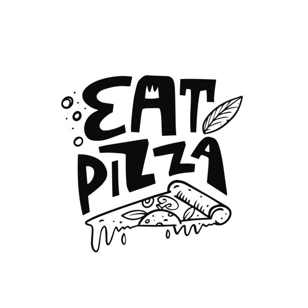 illustrazioni stock, clip art, cartoni animati e icone di tendenza di mangia il testo del lettering della pizza e la fetta di pizza. illustrazione di arte vettoriale a colori neri disegnata a mano. - food lunch vegetable pattern