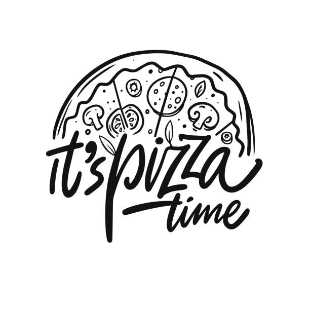 It's Pizza Time. Hand drawn black color modern lettering phrase. Pizza slice line art style. It's Pizza Time. Hand drawn black color modern lettering phrase. Pizza slice line art style. Vector art. pics for pizza pizza logo stock illustrations