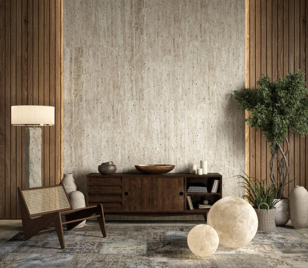 istock Interior with dresser, lounge chair, stone wall panel, lamps, backlight, plants and decor. 3d render illustration mockup. 1423138972