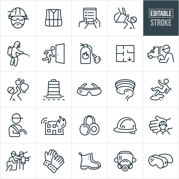 Workplace Safety Thin Line Icons - Editable Stroke A set of workplace safety icons that include editable strokes or outlines using the EPS vector file. The icons include a construction worker wearing a hard hat and safety glasses, construction safety vest, safety checklist, manual laborer being injured by an excavator bucket, hazmat specialist in protective gear spraying, person running for exit because of an emergency, fire extinguisher, fire escape route, safety inspector inspecting trucking operations, manual laborer being hit by falling rock, road construction cone, safety glasses, smoke detector, person slipping and falling on the job, commercial driver wearing seatbelt, fire alarm at business building, ear protection, hard hat, construction worker being shielded, utility worker wearing safety equipment while servicing a power line, work gloves, work boots, gas mask and safety goggles. safety equipment stock illustrations