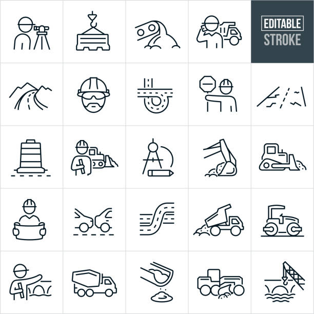 Road Construction Thin Line Icons - Editable Stroke A set of road construction icons that include editable strokes or outlines using the EPS vector file. The icons include a surveyor using a theodolite to survey, construction barrier, conveyor belt with dirt, construction engineer on phone with dump truck in background, road through the mountains, construction worker with hardhat, city road, construction worker holding stop sign, damaged road, road repair, construction cone, civil engineer holding plans with bulldozer in background, drawing compass, excavator scooping dirt, bulldozer pushing dirt, civil engineer reviewing blueprint, traffic, dump truck dumping dirt, road compactor, construction engineer with bridge in background, cement truck, concrete, construction worker working with concrete and a construction crane and bridge. asphalt stock illustrations