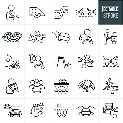 A set of driving and traffic icons that include editable strokes or outlines using the EPS vector file. The icons include a driver driving with seatbelt on, side-view of driver behind steering wheel, interstate road, bumper to bumper traffic, traffic jam, car accident between two cars, car driving off the road, person driving distracted on smartphone, driver filling up car at gas pump, cyclist sharing road with traffic, driver exhibiting road rage with fist in the air, street navigation, pedestrian being hit by car in crosswalk, driver driving distracted while talking on phone, carpool, driver late while checking time on watch, pedestrian in crosswalk with car stopping, two cars at intersection, hand holding drivers license, road exit, car driving down country road and a car at the gas pump.