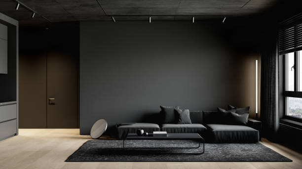 istock Black contemporary minimalist interior with sofa and decor. 3d render illustration mockup. 1423139126