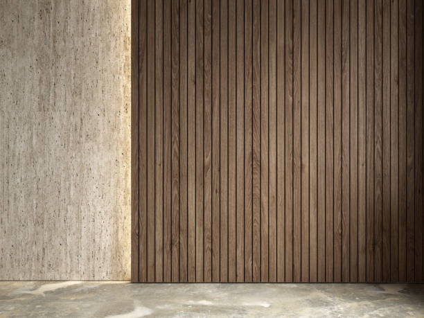 istock Blank wall with wood and stone panels. 3d render illustration mockup. 1423139381