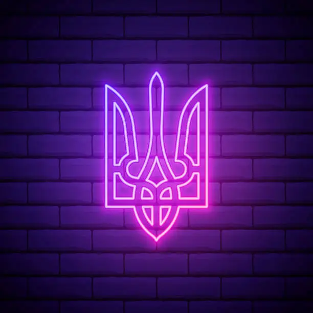 Vector illustration of Coat of Arms Trident Neon Sign. Vector Illustration of Ukraine Promotion isolated on brick wall background