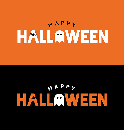 Happy Halloween Black and Orange Vector Text Illustration with Spooky Ghost and Creepy Spider Art, Cute and Fun Halloween Font Design, Halloween Holiday Greeting Card Graphic