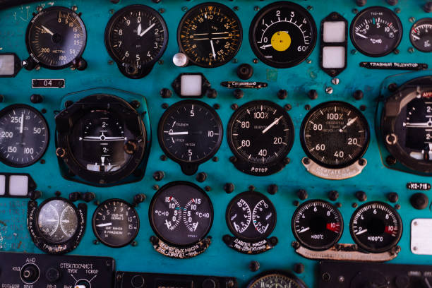 istock Toggle switches old soviet helicopter mi2 many text Russian language which translates Light danger Beacon Suspension Cargo Dump Tactical Emergency 1423143735