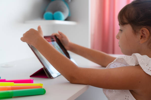istock Cute Girl sitting at home and studying over internet 1423145434