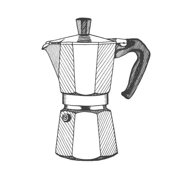 Vector illustration of Italian coffee maker or moka pot, espresso machine. Hand drawn illustration.