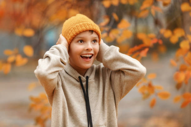 istock Boy in a ginger hat in the autumn park 1423150839