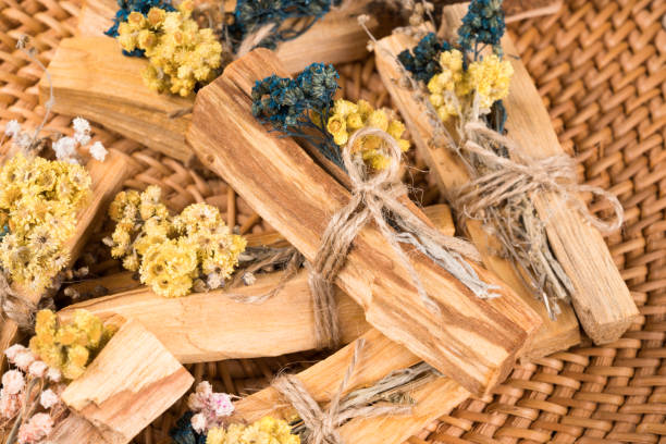 purification avec du palo santo. de nombreux bâtonnets de palo santo décorés d’herbes aromatiques sèches sur un plateau de paille. rituel de fumigation de salle pour les pratiques de yoga et de méditation. focalisation sélective - bois de santal meditation photos et images de collection