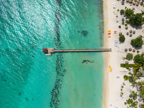 Overhead view of a tropical beach with sandy beach and pier