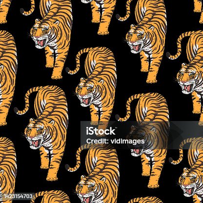 istock Tiger seamless pattern. Tiger climbing down sketch. Vintage background with wild cat. Hand drawn vector illustration. 1423154703