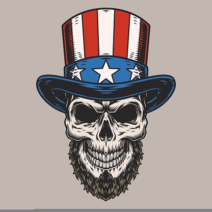 US skull vintage colorful sticker with patriotic retro hat for independence day celebration or patriotic horror style party vector illustration