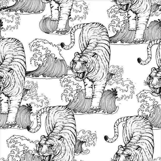 Vector illustration of Blue Water Tiger seamless pattern. Tiger climbing down sketch. Vintage background with wild cat. Hand drawn vector illustration.