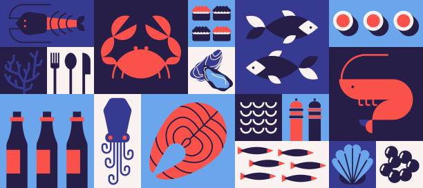 Geometric seafood background. Mosaic minimal crab shrimp fish oyster octopus salmon simple bauhaus style. Vector pattern Geometric seafood background. Mosaic minimal crab shrimp fish oyster octopus salmon simple bauhaus style. Vector pattern. seafood stock illustrations