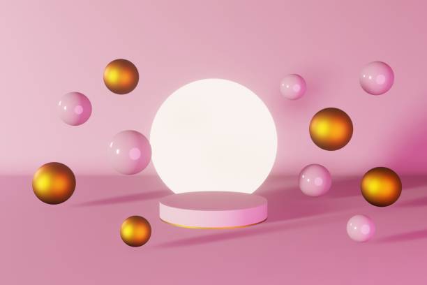 istock Pink cylinder podium stage 3d rendering Round pedestal design composition Minimal scene levitating geometric gold sphere 1423159078