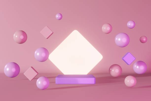 istock Purple pink neon cube podium stage 3d render. Geometric pedestal marketing design composition. Abstact minimal scene. 1423159079