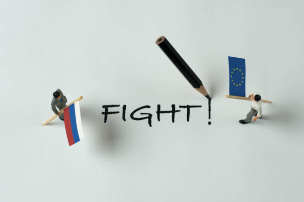 Lord of Puppets: Fight! (EU-Russia) An invisible hand dictates EU and Russia to fight business battle stock pictures, royalty-free photos & images