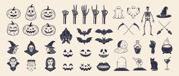 Halloween vector icons set. 42 Halloween vintage icons and silhouettes isolated on white background. Spooky decorations for logo, emblem, poster, banner, invitation, background design. Vector illustration cute ghost stock illustrations