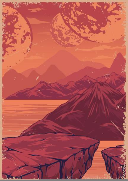 Space landscape flyer vintage colorful lifeless planet with lava flowing among mountains and large balls in red sky vector illustration