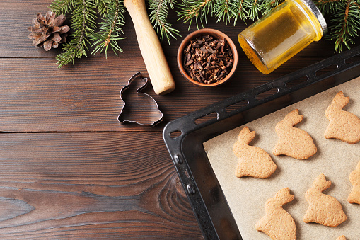 Ready-made Christmas cookies in the form of a rabbit on a baking sheet on a wooden table decorated with Christmas tree branches, with a jar of honey and cloves. Symbol of 2023. Copy space