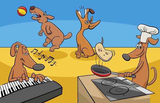 ilustrações, clipart, desenhos animados e ícones de engraçado desenho animado cães grupo personagens de quadrinhos - dog barking humor howling