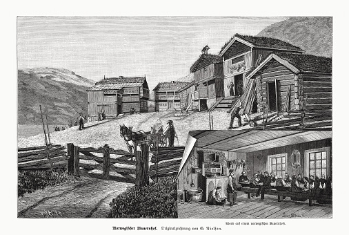 Historical views of a Norwegian farm. Right: Evening company. Nostalgic scenes from the past. Wood engraving after a drawing by Georg Frederik Nielsen Strømdal (Norwegian  painter, 1856 - 1914), published in 1885.