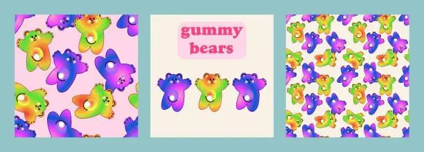 Vector illustration of Set of posters with colorful gummy bears, delicious dessert. Flat design, cartoon, vector illustration.