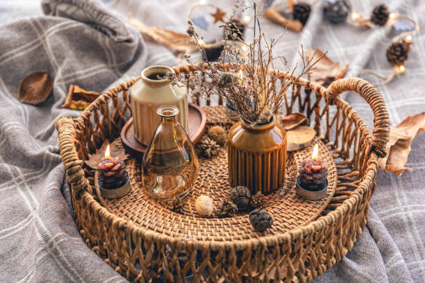 istock Cozy autumn composition with decorative details, candles. 1423164075