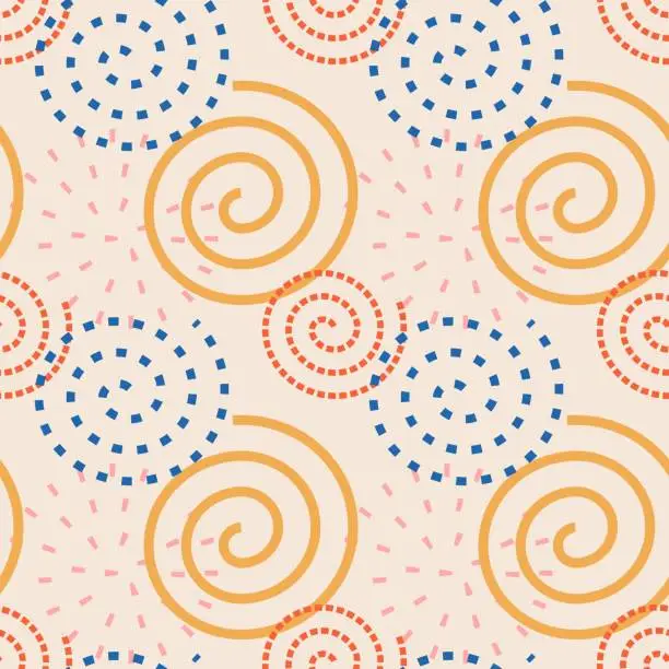 Vector illustration of Seamless pattern of colored spirals, swirls. Modern paint for greeting card, party invitation, wallpaper sale, holiday wrapping paper, fabric, bag print, t-shirt, workshop advertising.