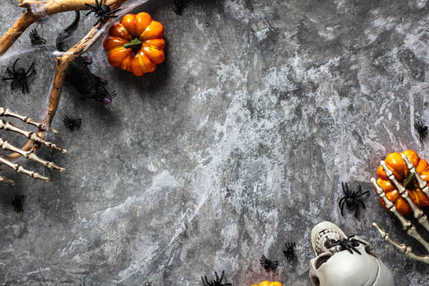 istock Halloween flat lay composition with pumpkins, skeleton arms, skull, spiders on stone table. Scary, spooky, mystery Halloween background. Top view, overhead. 1423167111