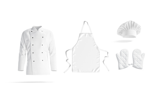 Blank white chef jacket, apron, hat and oven mitt mockup, 3d rendering. Empty culinary chief uniform with protective holder and pinner mock up, isolated. Clear chief-cooker fabric costume template.