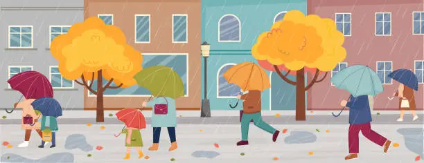 Vector illustration of Autumn rainy weather in the city. People with umbrellas are walking under the rain. Autumn in the town. People are walking in rain on city street with buildings. Persons with umbrellas.