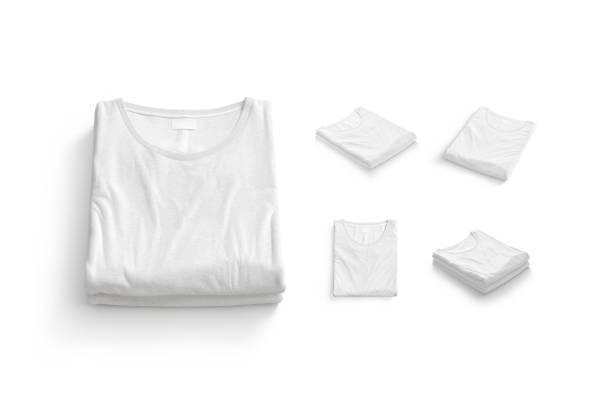 Blank white folded square t-shirt mock up, different views, 3d rendering. Empty casual clothe undervest with sticker mockup, isolated. Clear crumpled basic unisex tshirt for shop promotion template.