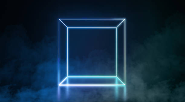 Blue neon glowing box stand in darkness with fog effect