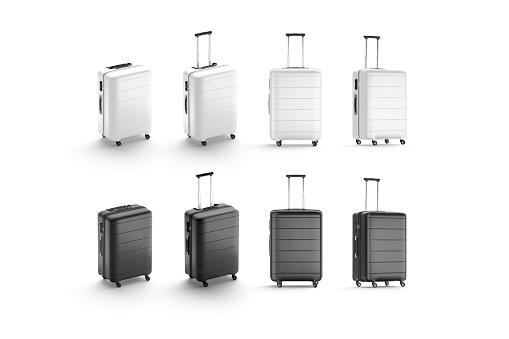 Blank black and white suitcase mockup stand, different views, 3d rendering. Empty plastic handbag for vacation railway or airplane mock up, isolated. Clear traveler briefcase or suit-case template.